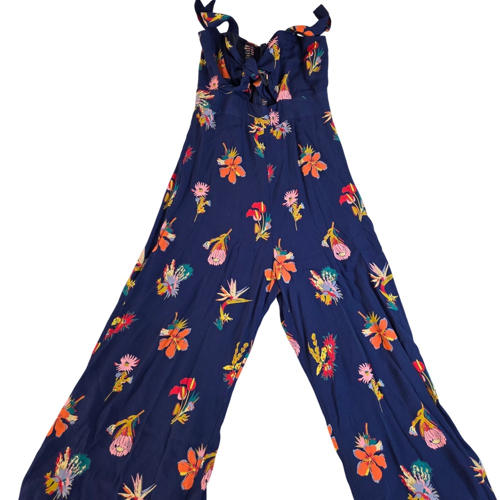 Madewell Tropical Floral Tie Front Jumpsuit Womens 10 Navy Blue Wide‎ Leg Boho